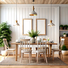 Dining room interior background, wall mockup, 3d render, white Mock up frame