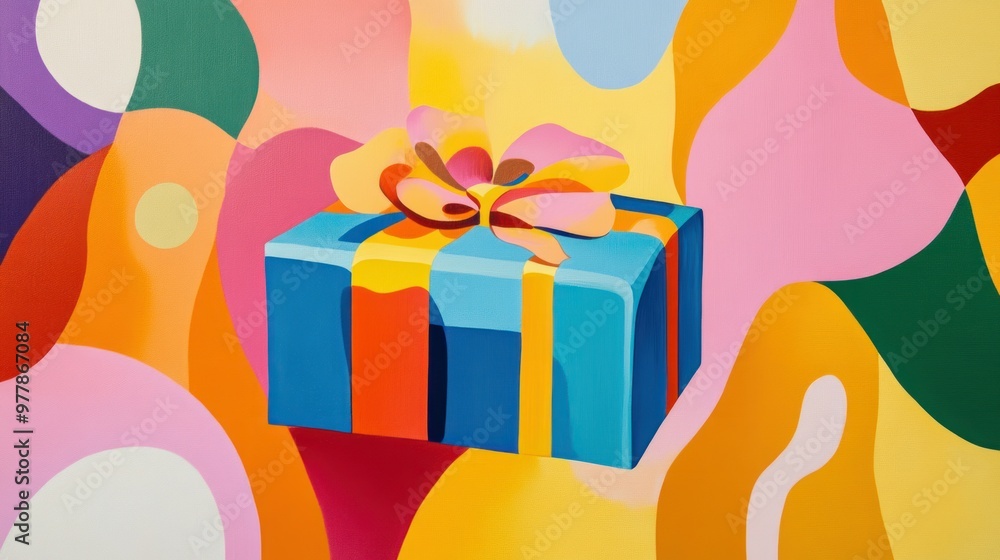 Poster A Blue Gift Box with a Yellow Bow on a Colorful Abstract Background