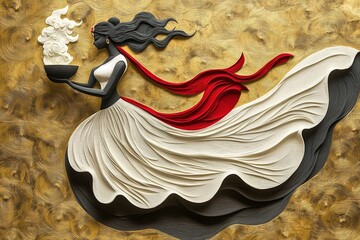 Minimalist Durga Puja Banner with Paper-Cut Dhunuchi Dance Figure on Textured Golden Background