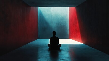 Obraz premium A Silhouetted Figure in a Room with Red and Blue Walls