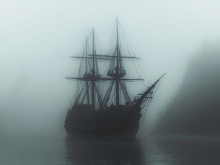 Obraz premium A Silhouette of a Sailing Ship in Thick Fog