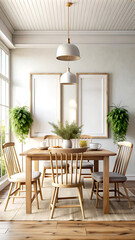 Fototapeta premium Dining room interior background, wall mockup, 3d render, white Mock up frame