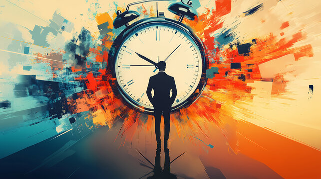 Man standing with clock exploding in the background