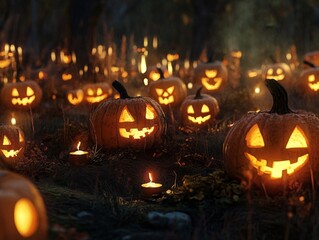 Illuminated Jack-O'-Lanterns in a Dark Forest Setting