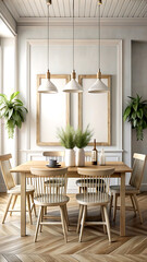 Dining room interior background, wall mockup, 3d render, white Mock up frame