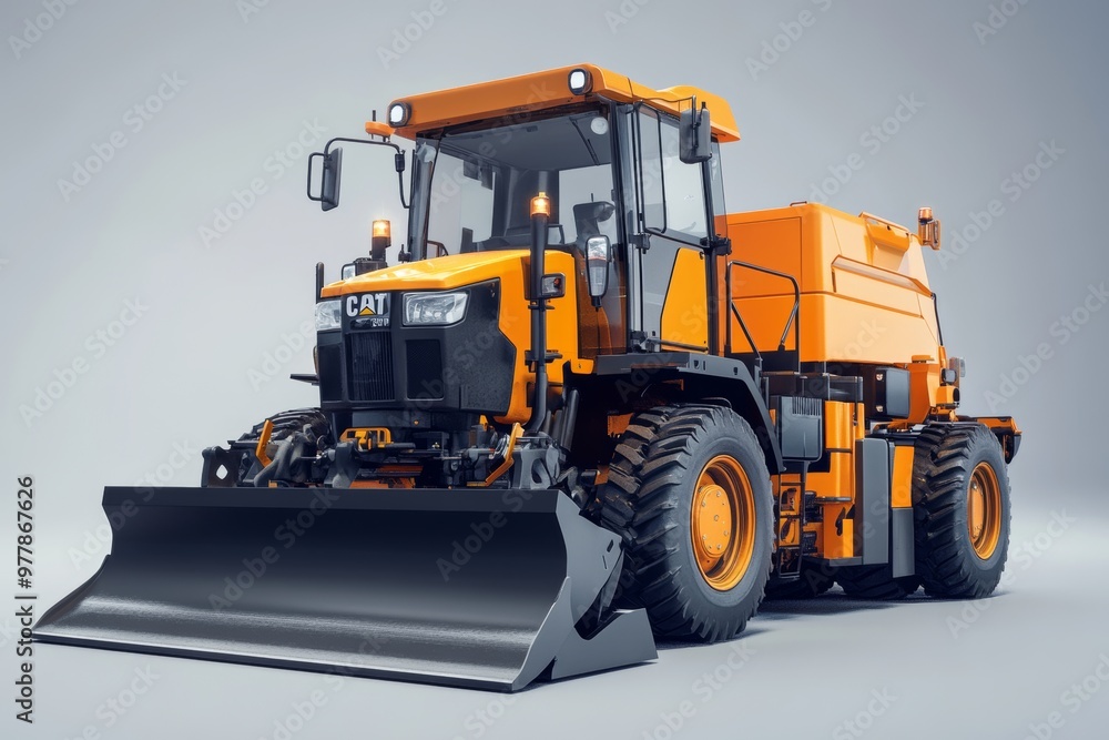 Poster 3d rendering of a road construction paver and wheeled tractor on a gray background with shadows