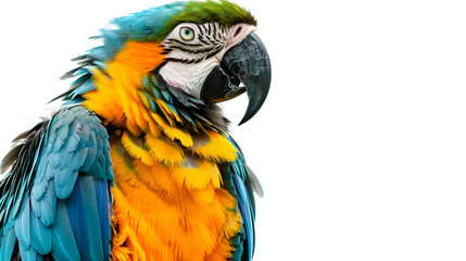 Obraz premium A colorful macaw with its feathers shining on a white background with copy space, beak slightly open