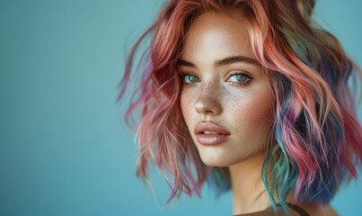 Naklejka premium Model woman with hair dyed with the ombre or balayage technique, hair dyeing