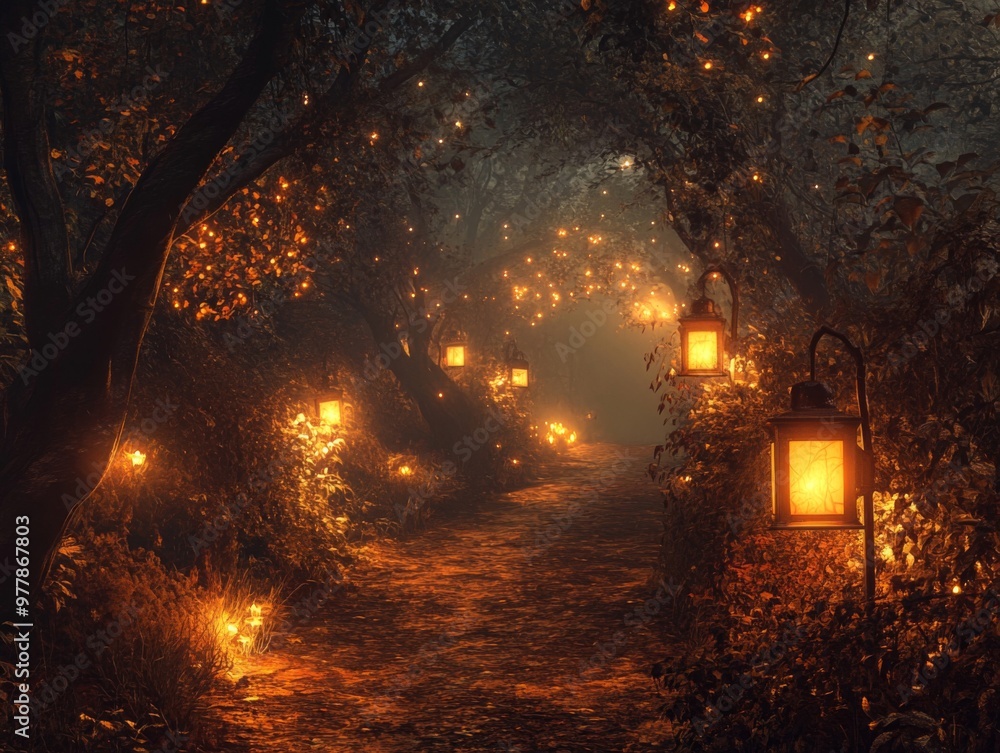 Poster a mystical forest path illuminated by lanterns