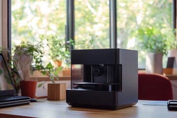Home technology  a 3d printer creating a black model in a modern photography shot