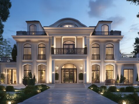 Elegant mansion illuminated at dusk, showcasing classic architecture and lush landscaping in a serene residential area