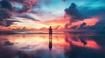 Fototapeta premium Silhouette of man standing on beach at sunset with colorful clouds and reflection in water