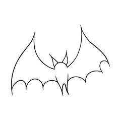 Halloween flying bat illustration in line art style. Graphic monochrome drawing. Hand drawn outline sketch, engraved doodle illustration. For coloring book, invitation, decoration.