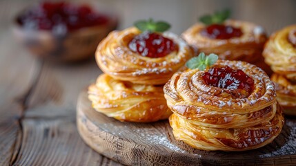 Fresh Danish pastries with raspberry jam and mint, rustic homemade dessert, food photography on wooden board, perfect for bakery menus, food blogs, or pastry promotions, copyspace for text
