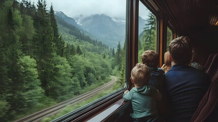 Parents and children taking a scenic train ride looking out the windows at the passing mountains and forests.