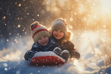 Joyful children sleighing in a scenic winter landscape filled with snow and cheerful spirits