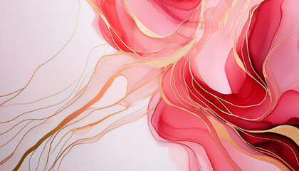 Fototapeta premium Pastel-toned watercolor abstract with gold accents. Fluid shapes in soft pink and red hues
