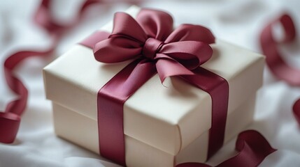 Obraz premium a Elegant white gift box with a luxurious red ribbon bow, isolated on a pristine white background.