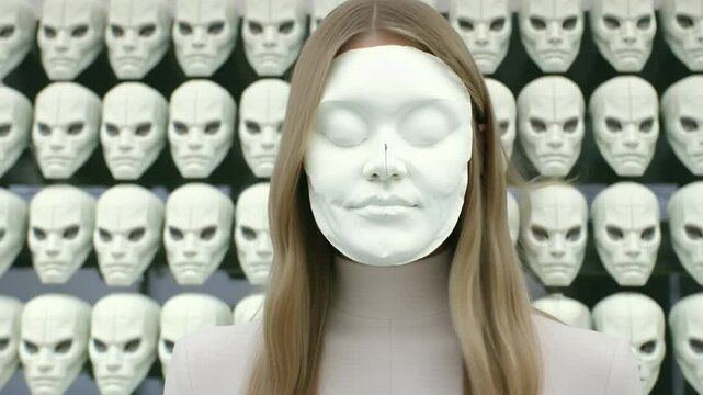 Woman wearing a white mask in front of a wall of identical emotionless masks.