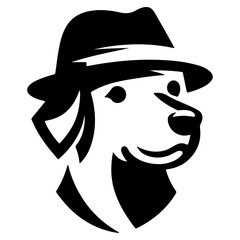 A dog wearing a hat with a black silhouette on a white background