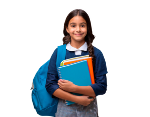A young schoolgirl, carrying a stack of textbooks, stands alone against a clear background.