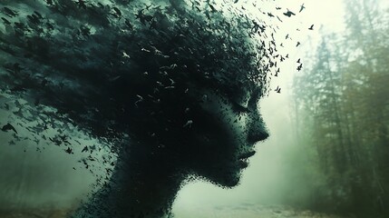 Abstract art of a woman's face dissolving into birds with green and white color palette.