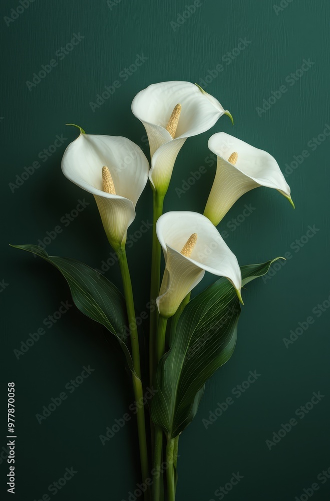 Poster overhead view of elegant calla lilies on a dark green background showcasing soft shadows and minimal