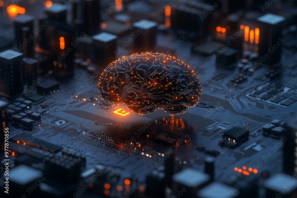 Poster glowing brain wireframe over circuit board representing artificial intelligence technology
