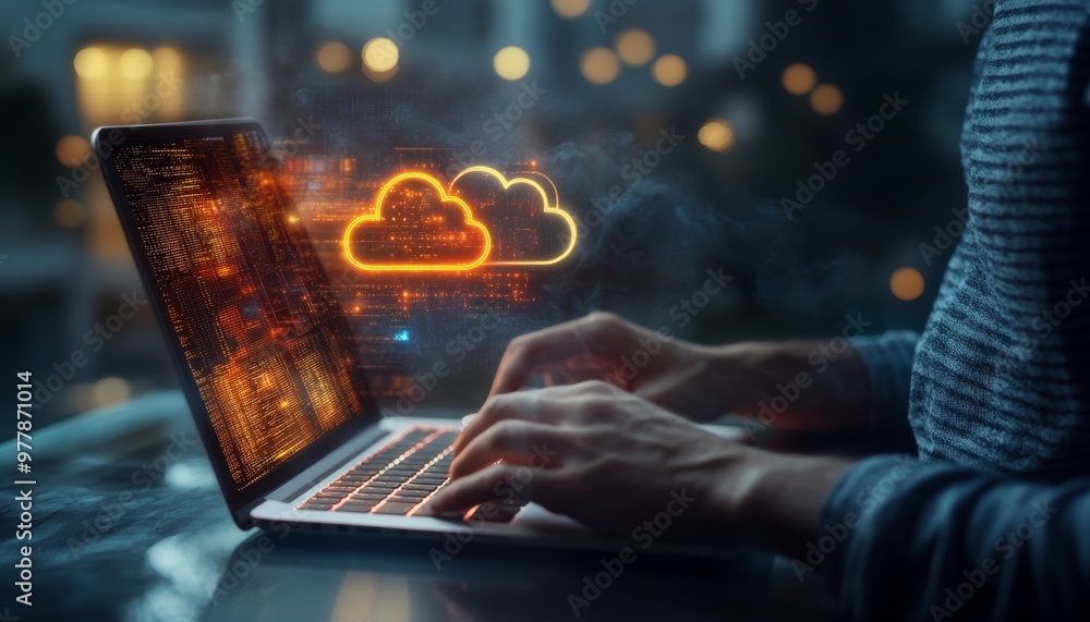 Aufkleber businessman utilizing laptop with cloud computing symbol a representation of digital innovation