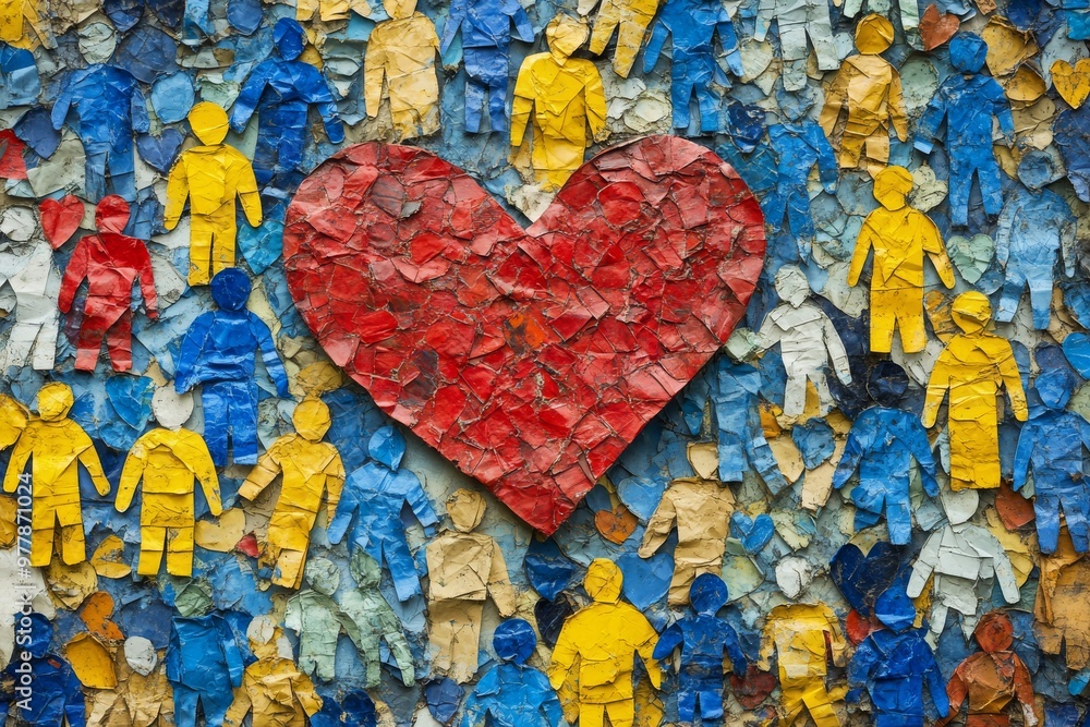 Poster red heart surrounded by colorful human figures in textured art style symbolizing diversity teamwork 