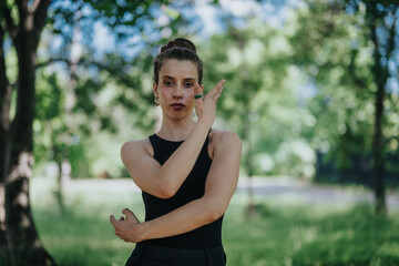 Lovely girl dancing in nature, showcasing her grace and skill as a female dancer performing modern dance amid lush greenery