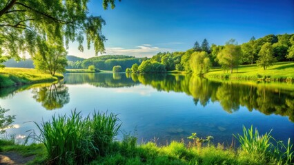 Fototapeta premium Tranquil green scenery near a peaceful lake under a clear sky