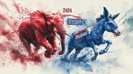 2024 US presidential election concept with Republican elephant and Democrat donkey in motion