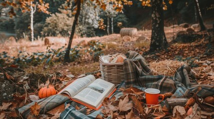 Obraz premium A picnic setup with pumpkins, hay bales, and autumn leaves