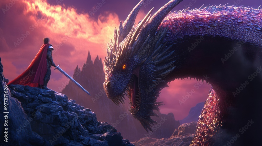 Poster A Knight Faces a Crimson Dragon in a Mountainous Landscape