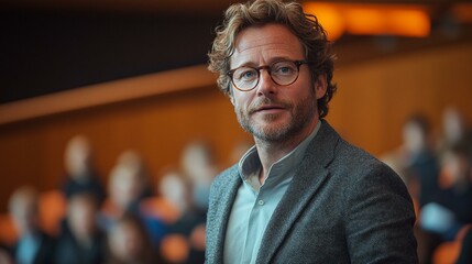 Fototapeta premium the Speaker presenting at a business symposium, with a focus on the audience and the speaker’s engaging presence.