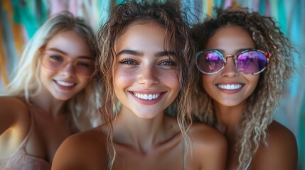 the Group of women taking selfies in front of a photobooth with fun props and backgrounds.