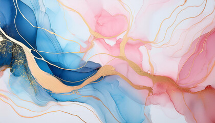 Fototapeta premium Pastel-toned watercolor abstract with gold accents. Fluid shapes in soft pink and blue hues