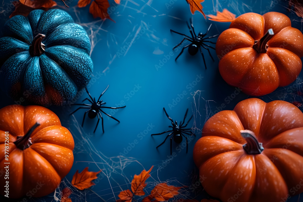 Poster A blue background with a bunch of pumpkins and spiders