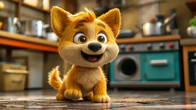 Cute cartoon dog standing in a kitchen with a happy and curious expression