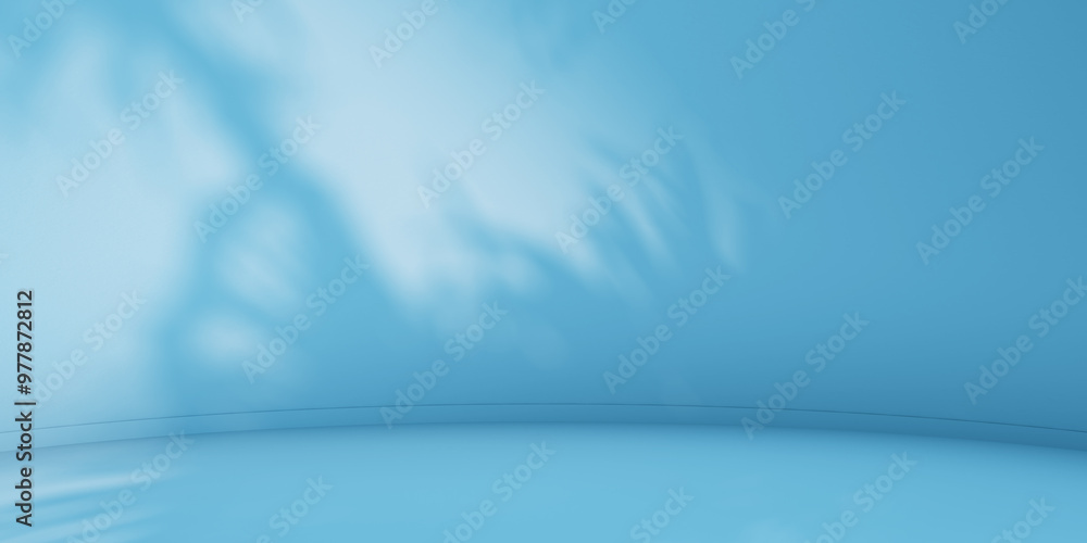 Poster blue minimalist curved studio for product presentation. empty room with shadows of palm leaves. 3d r