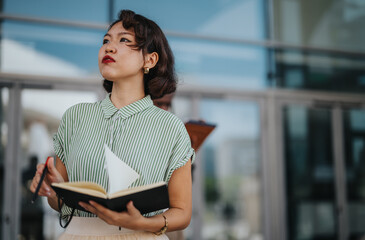 Confident, Asian businesswoman holding notebook and pen, looking determined outside modern office...