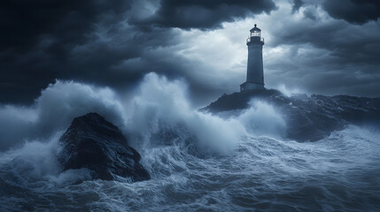 A coastal lighthouse standing tall amidst a violent storm with waves crashing against the rocks and rain pouring down from the blackened sky.