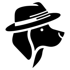 A dog wearing a hat with a black silhouette on a white background