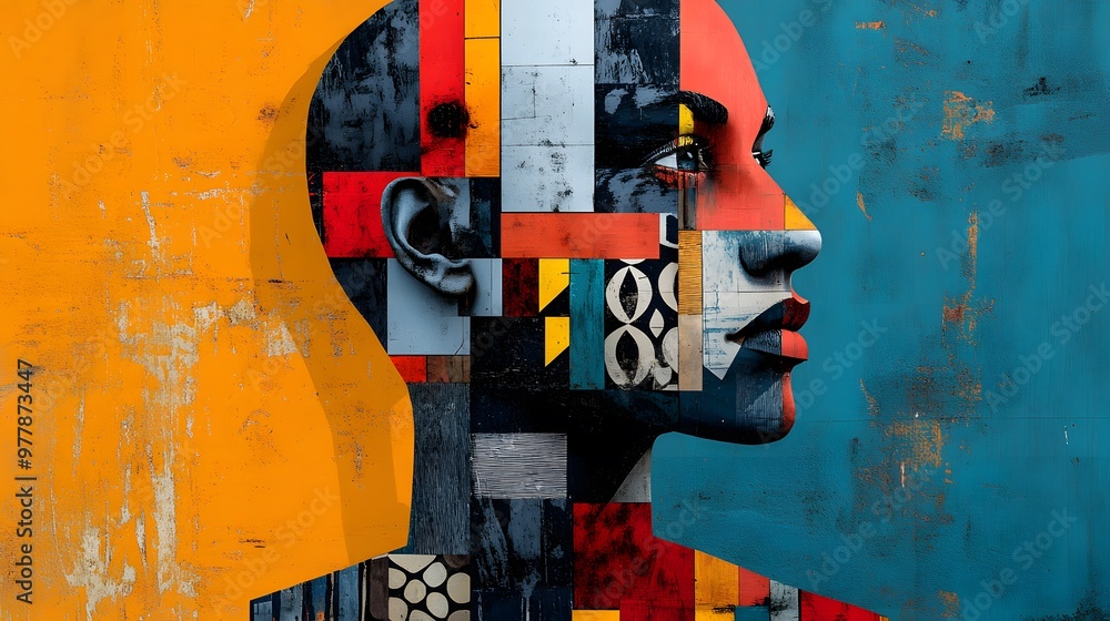 Poster modern abstract portrait with geometric patterns and vivid color contrasts