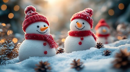 the Happy, funny marshmallow snowmen in a snowy winter landscape, with playful expressions and festive accessories.