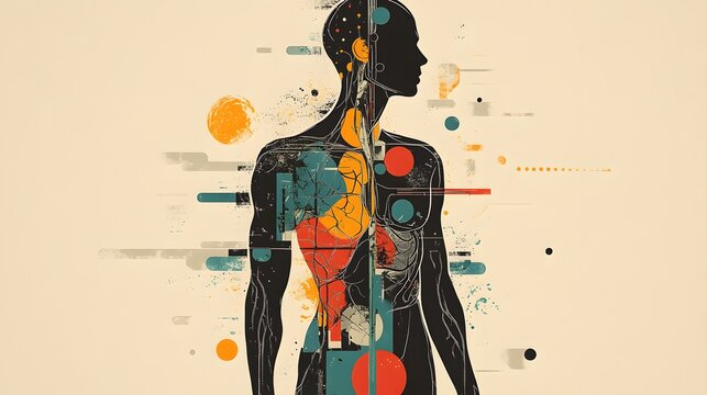 Abstract anatomy with geometric shapes and vibrant accents illustrating human physiology