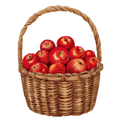 red apples in a basket Hand drawn illustration on a transparent background