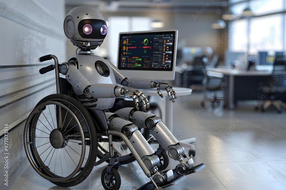Aufkleber humanoid robot sitting in wheelchair using computer at workplace.
