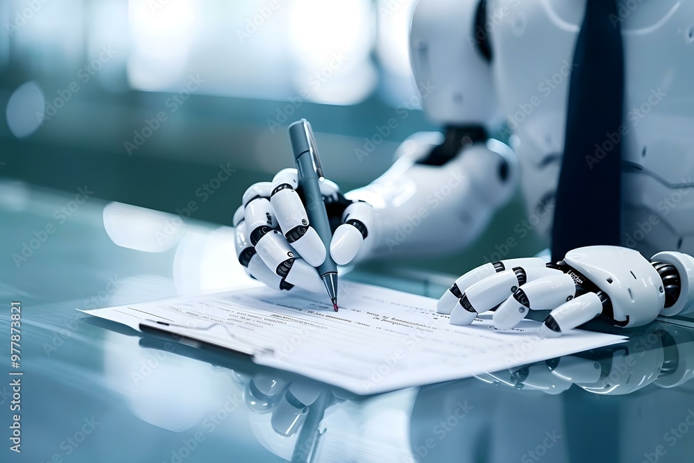 Poster close-up of humanoid robot hand filling criminal background check application form